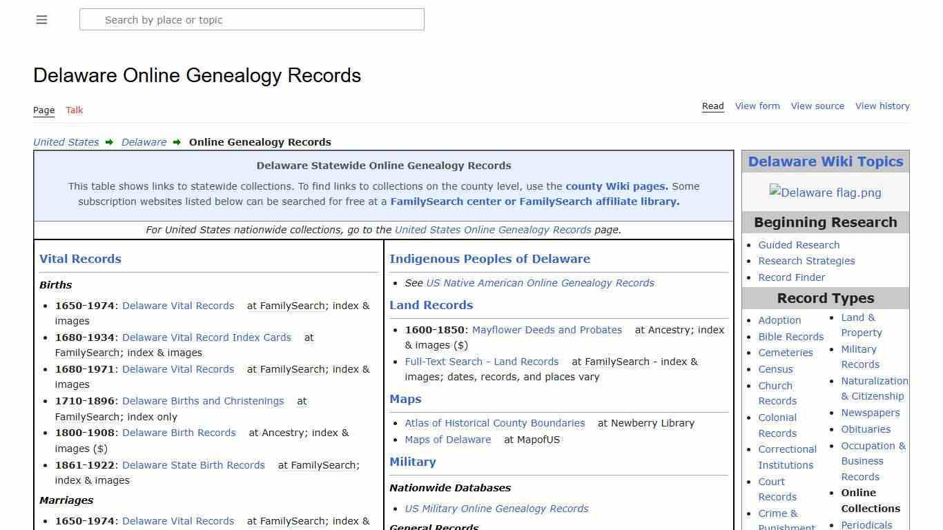 Delaware Online Genealogy Records • FamilySearch